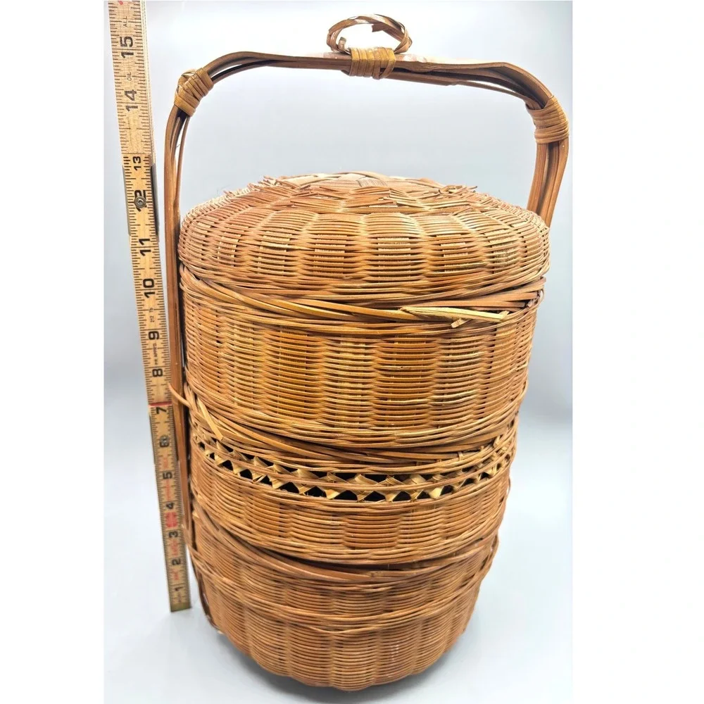 Vintage Chinese Wedding Basket 3 Tier‎ Woven Bamboo Wicker Tiffin Carrier 15